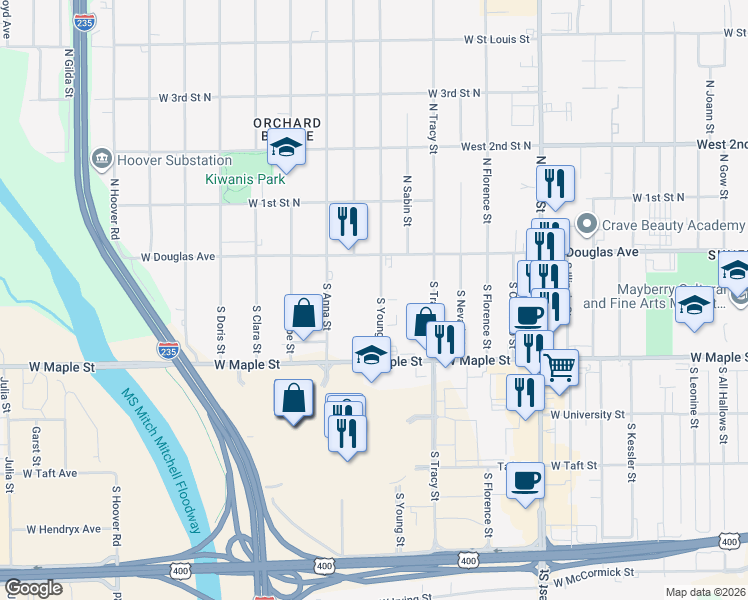 map of restaurants, bars, coffee shops, grocery stores, and more near 153 South Young Street in Wichita