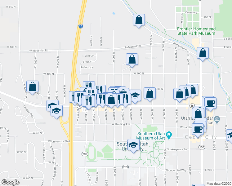 map of restaurants, bars, coffee shops, grocery stores, and more near 321 North 700 West in Cedar City