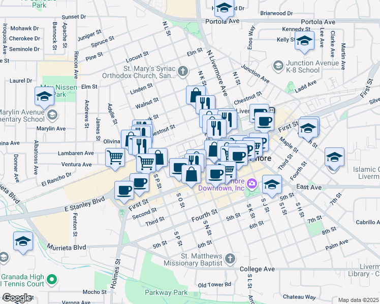 map of restaurants, bars, coffee shops, grocery stores, and more near 153 Zephyr Place in Livermore