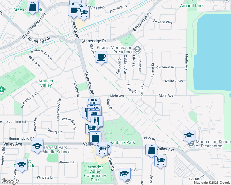 map of restaurants, bars, coffee shops, grocery stores, and more near 4258 Katie Lane in Pleasanton