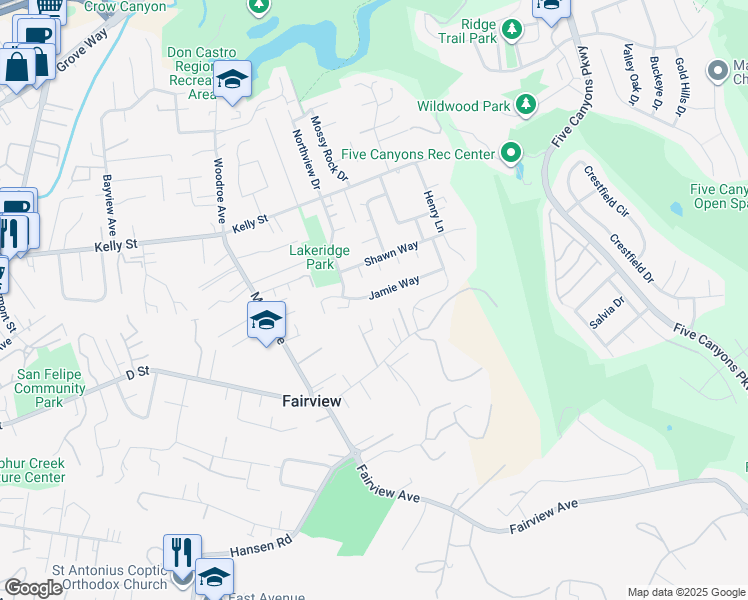 map of restaurants, bars, coffee shops, grocery stores, and more near 3260 Jamie Way in Hayward