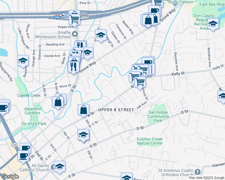 map of restaurants, bars, coffee shops, grocery stores, and more near 22516 Linden Street in Hayward