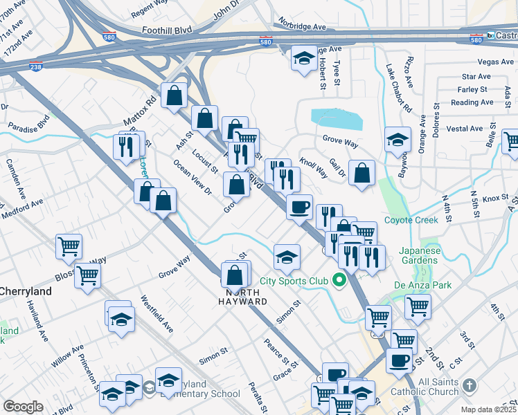 map of restaurants, bars, coffee shops, grocery stores, and more near 21565 California 238 in Hayward