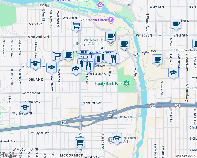 map of restaurants, bars, coffee shops, grocery stores, and more near 810 Texas Street in Wichita