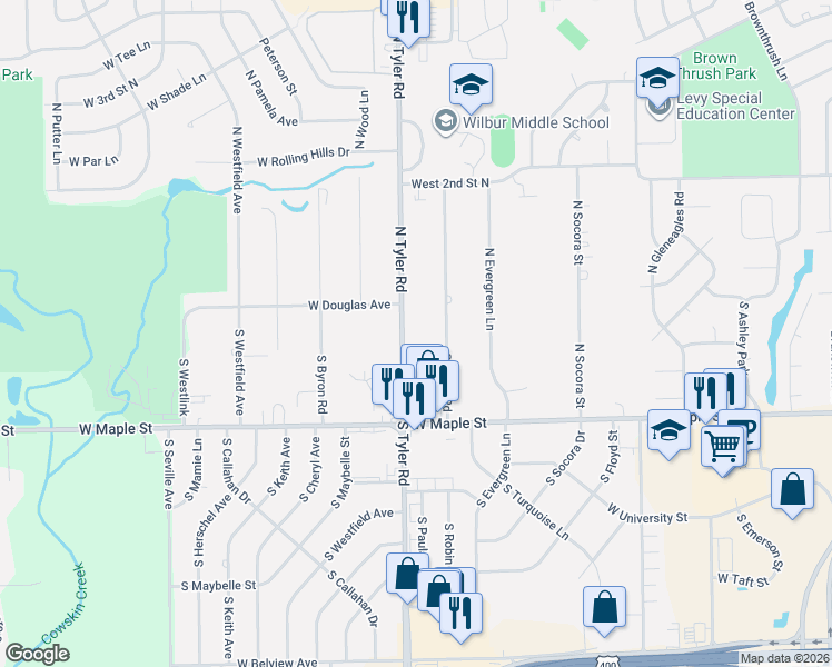 map of restaurants, bars, coffee shops, grocery stores, and more near 101 South Robin Road in Wichita