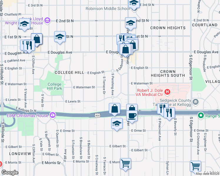 map of restaurants, bars, coffee shops, grocery stores, and more near 263 South Pershing Street in Wichita