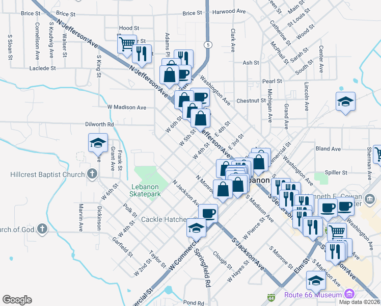 map of restaurants, bars, coffee shops, grocery stores, and more near 445 North Madison Avenue in Lebanon