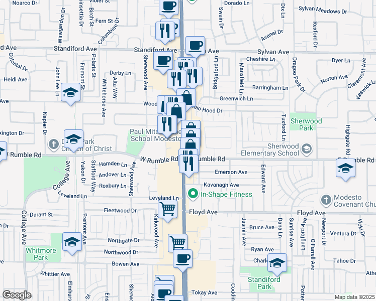 map of restaurants, bars, coffee shops, grocery stores, and more near 3013 McHenry Ave in Modesto