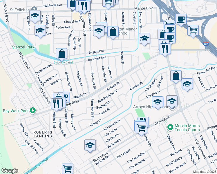 map of restaurants, bars, coffee shops, grocery stores, and more near 1183 Belleau Street in San Leandro