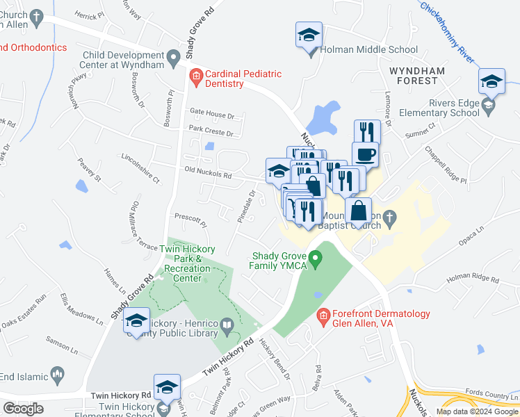 map of restaurants, bars, coffee shops, grocery stores, and more near 5508 Abbott Circle in Glen Allen