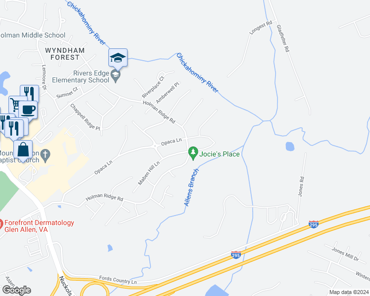 map of restaurants, bars, coffee shops, grocery stores, and more near 5000 Maben Hill Lane in Glen Allen
