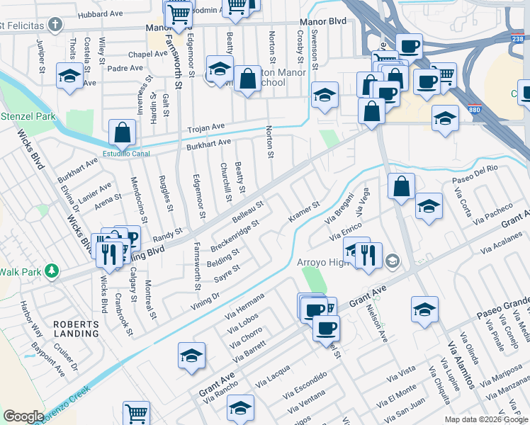 map of restaurants, bars, coffee shops, grocery stores, and more near 1075 Belleau Street in San Leandro