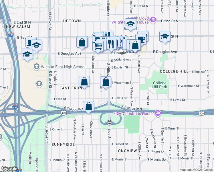 map of restaurants, bars, coffee shops, grocery stores, and more near 251 South Hillside Street in Wichita