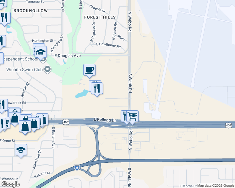 map of restaurants, bars, coffee shops, grocery stores, and more near 9350 East Corporate Hills Drive in Wichita