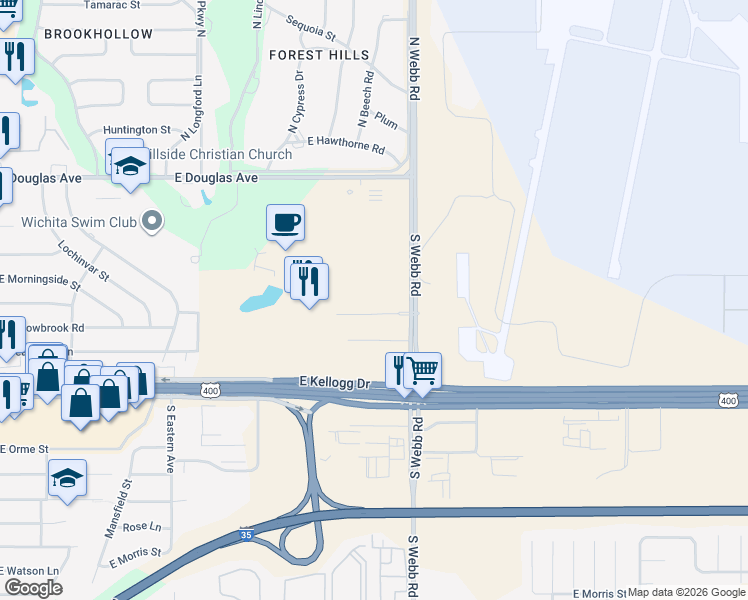 map of restaurants, bars, coffee shops, grocery stores, and more near 9350 East Corporate Hills Drive in Wichita