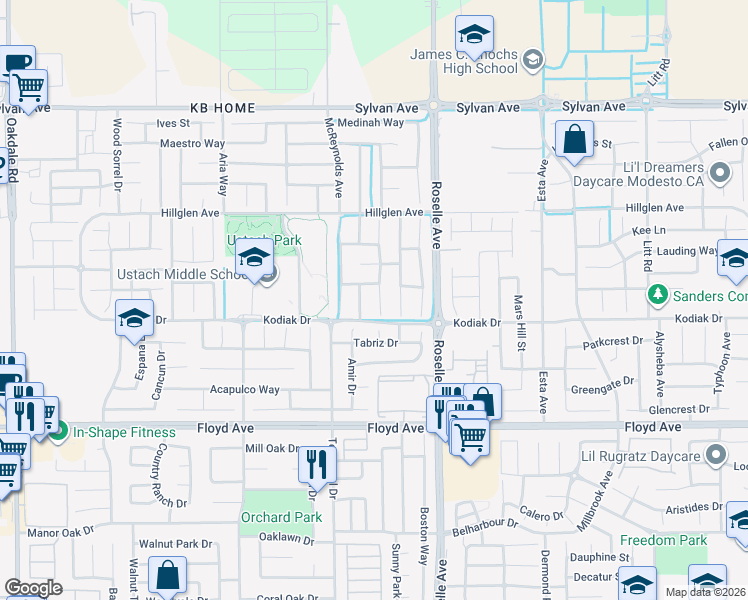 map of restaurants, bars, coffee shops, grocery stores, and more near 3100 Queens Gate Lane in Modesto