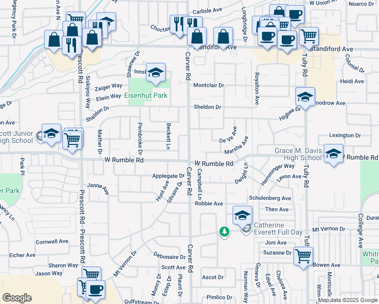 map of restaurants, bars, coffee shops, grocery stores, and more near 3020 Radnor Way in Modesto