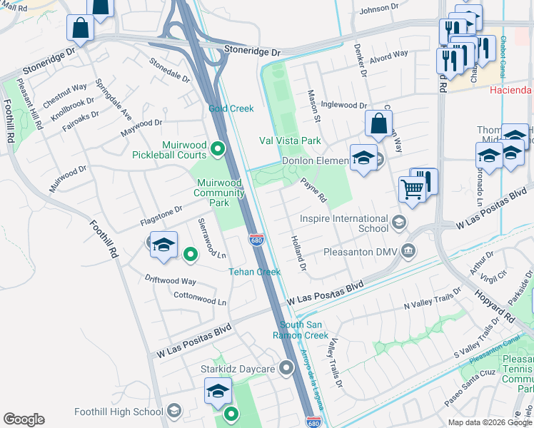 map of restaurants, bars, coffee shops, grocery stores, and more near 6851 Heath Court in Pleasanton
