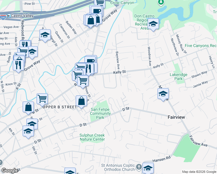 map of restaurants, bars, coffee shops, grocery stores, and more near 22787 Moura Court in Hayward
