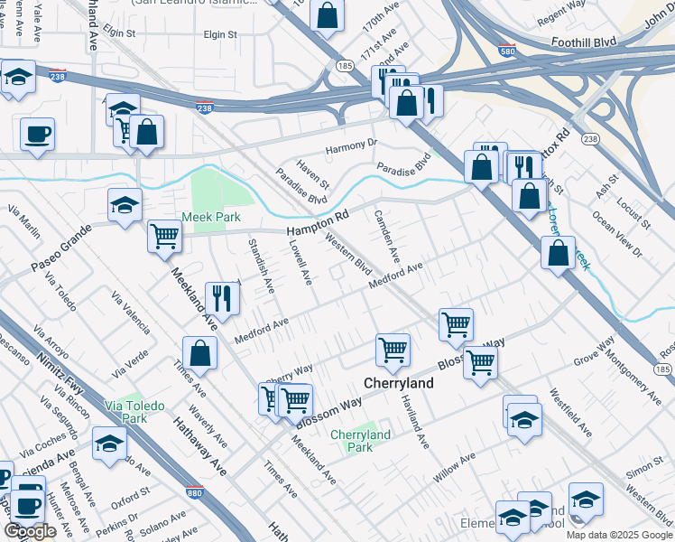 map of restaurants, bars, coffee shops, grocery stores, and more near 19367 Western Boulevard in Hayward