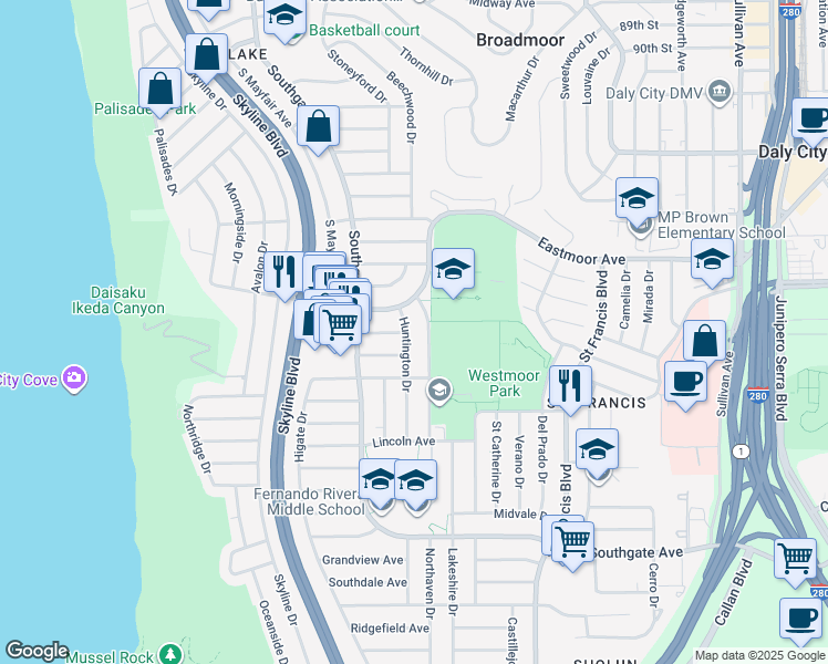 map of restaurants, bars, coffee shops, grocery stores, and more near 155 Westmoor Avenue in Daly City