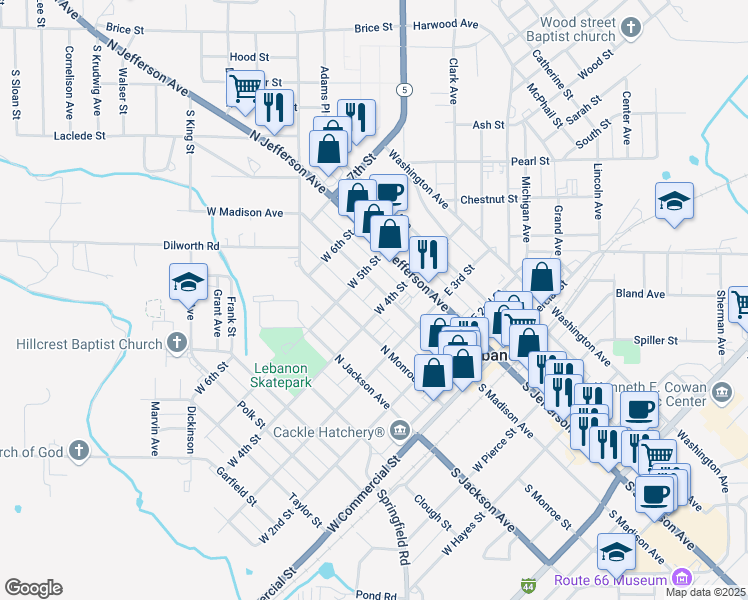 map of restaurants, bars, coffee shops, grocery stores, and more near 446 North Madison Avenue in Lebanon