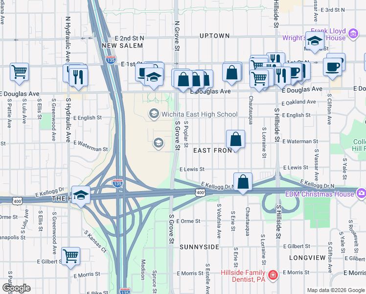 map of restaurants, bars, coffee shops, grocery stores, and more near 234 South Poplar Street in Wichita