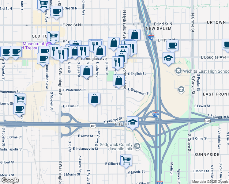 map of restaurants, bars, coffee shops, grocery stores, and more near 247 Greenwood in Wichita