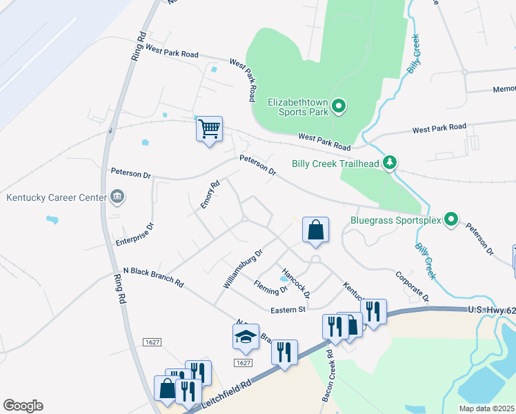 map of restaurants, bars, coffee shops, grocery stores, and more near 400-498 Berea Road in Elizabethtown