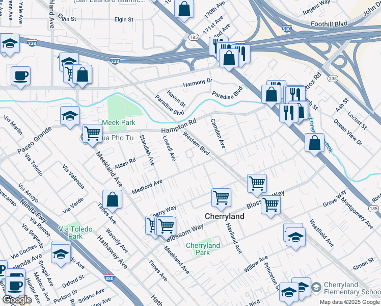 map of restaurants, bars, coffee shops, grocery stores, and more near 19601 Medford Circle in Hayward