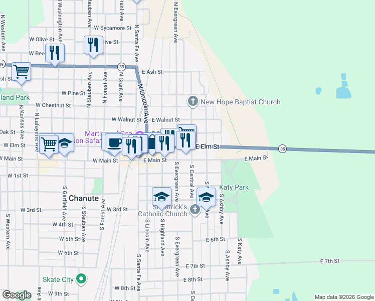 map of restaurants, bars, coffee shops, grocery stores, and more near 101 North Central Avenue in Chanute