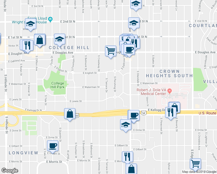 map of restaurants, bars, coffee shops, grocery stores, and more near 302 South Terrace Drive in Wichita