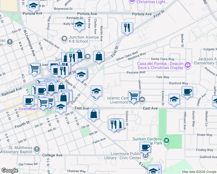 map of restaurants, bars, coffee shops, grocery stores, and more near 3130 Patricia Lane in Livermore