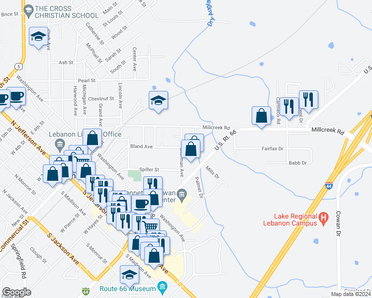 map of restaurants, bars, coffee shops, grocery stores, and more near 711 Parkhurst Drive in Lebanon