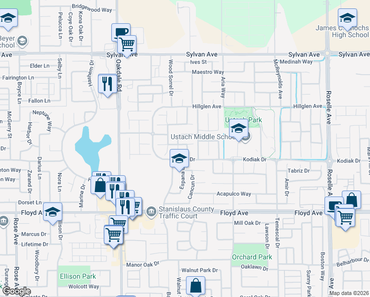 map of restaurants, bars, coffee shops, grocery stores, and more near 3017 Roslyn Drive in Modesto