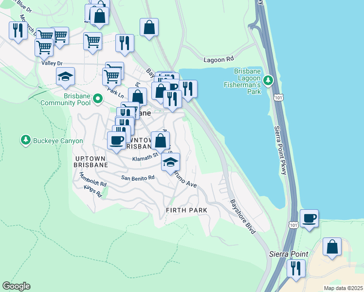 map of restaurants, bars, coffee shops, grocery stores, and more near 223 Santa Clara Street in Brisbane