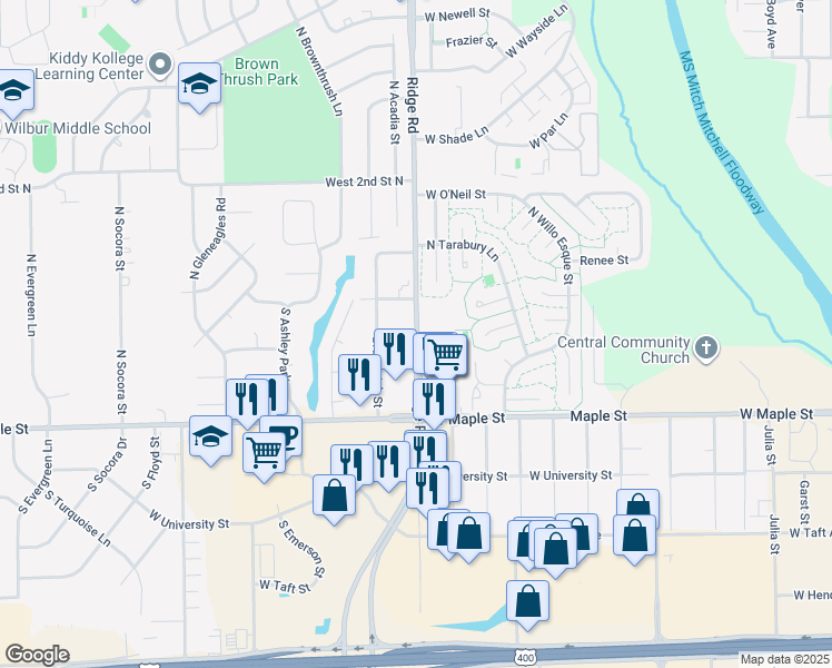 map of restaurants, bars, coffee shops, grocery stores, and more near 109 Ridge Road South in Wichita