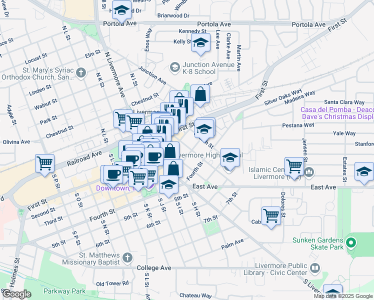 map of restaurants, bars, coffee shops, grocery stores, and more near 287 Maple Street in Livermore