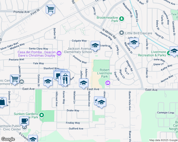 map of restaurants, bars, coffee shops, grocery stores, and more near 736 Adams Avenue in Livermore