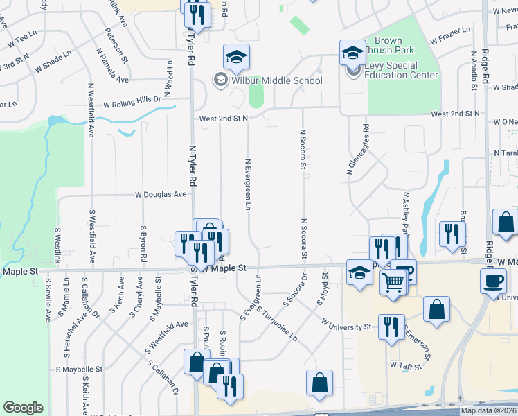 map of restaurants, bars, coffee shops, grocery stores, and more near 110 South Evergreen Lane in Wichita