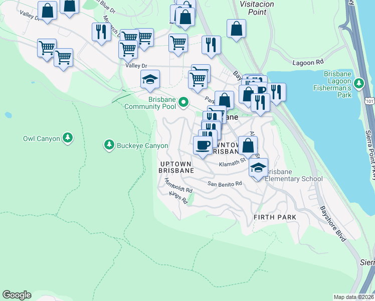 map of restaurants, bars, coffee shops, grocery stores, and more near 526 Klamath Street in Brisbane