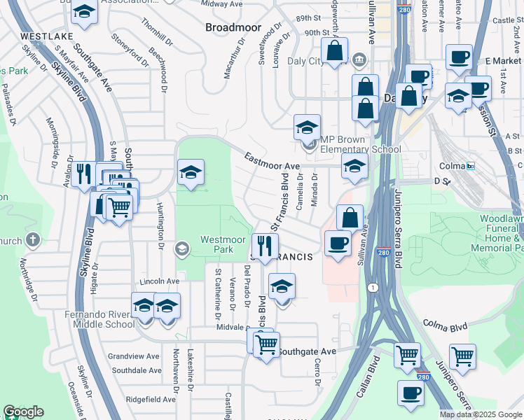 map of restaurants, bars, coffee shops, grocery stores, and more near Saint James Court in Daly City