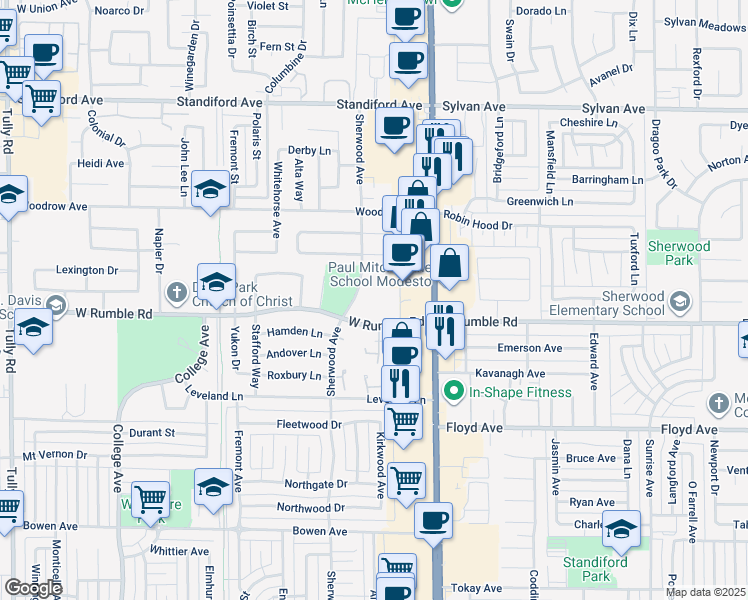 map of restaurants, bars, coffee shops, grocery stores, and more near 3104 Sherwood Avenue in Modesto