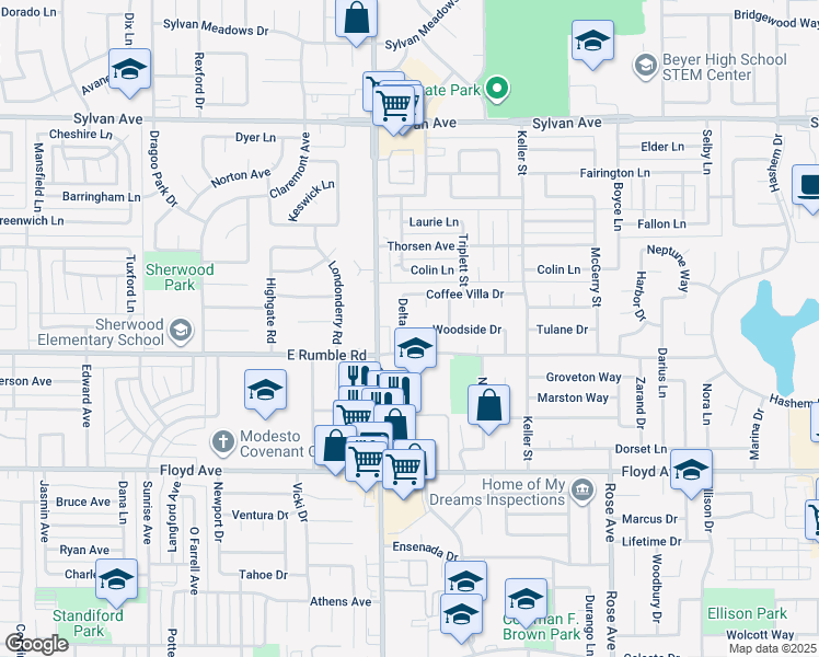 map of restaurants, bars, coffee shops, grocery stores, and more near 3103 Delta Avenue in Modesto