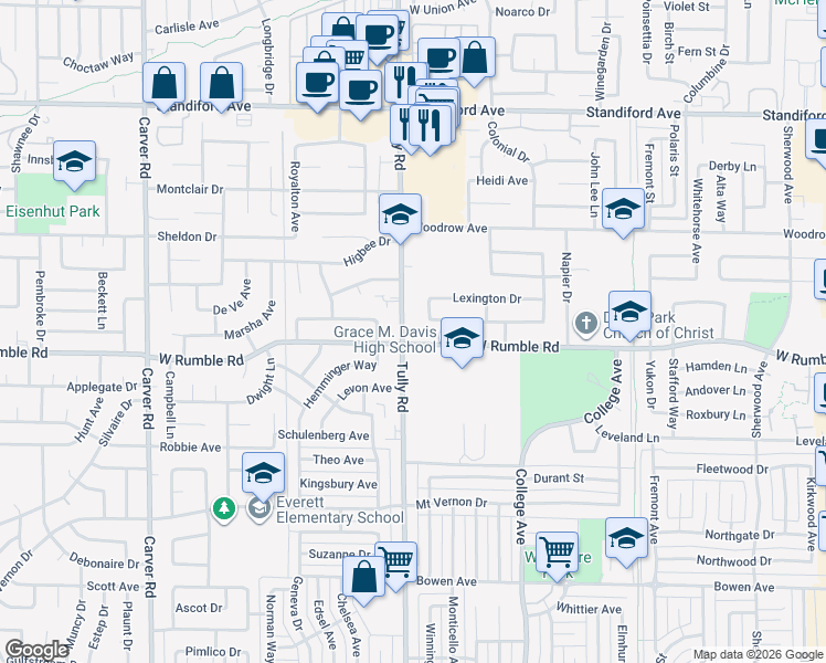 map of restaurants, bars, coffee shops, grocery stores, and more near 3015 Tully Road in Modesto