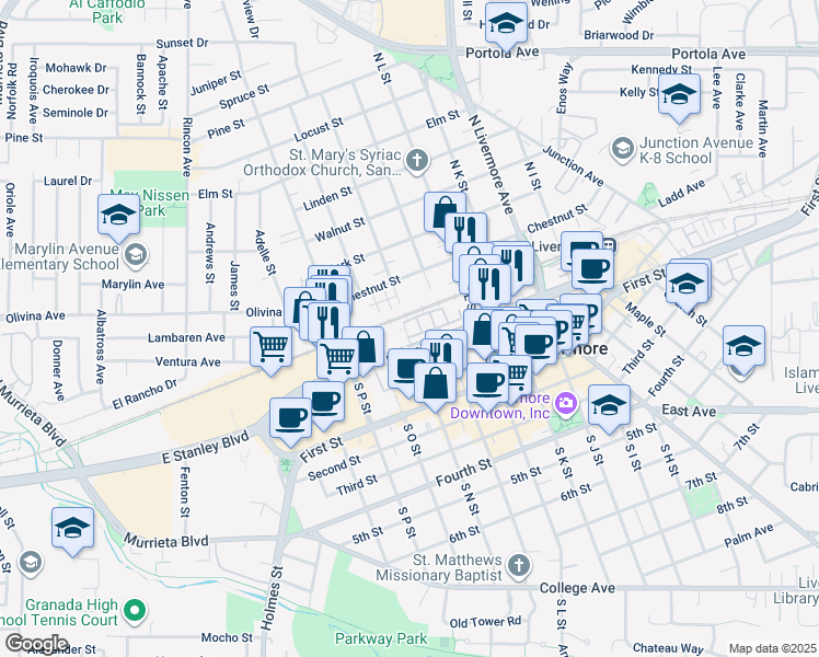 map of restaurants, bars, coffee shops, grocery stores, and more near 153 Zephyr Place in Livermore