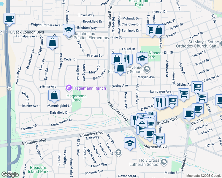 map of restaurants, bars, coffee shops, grocery stores, and more near in Livermore
