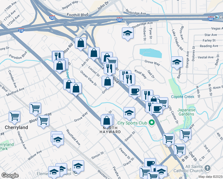 map of restaurants, bars, coffee shops, grocery stores, and more near 1321 Grove Way in Hayward