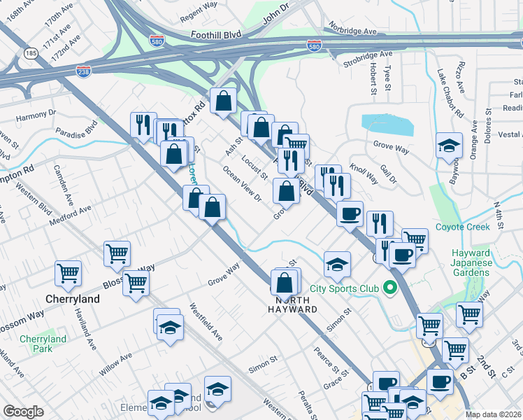 map of restaurants, bars, coffee shops, grocery stores, and more near 21438 Ocean View Drive in Hayward