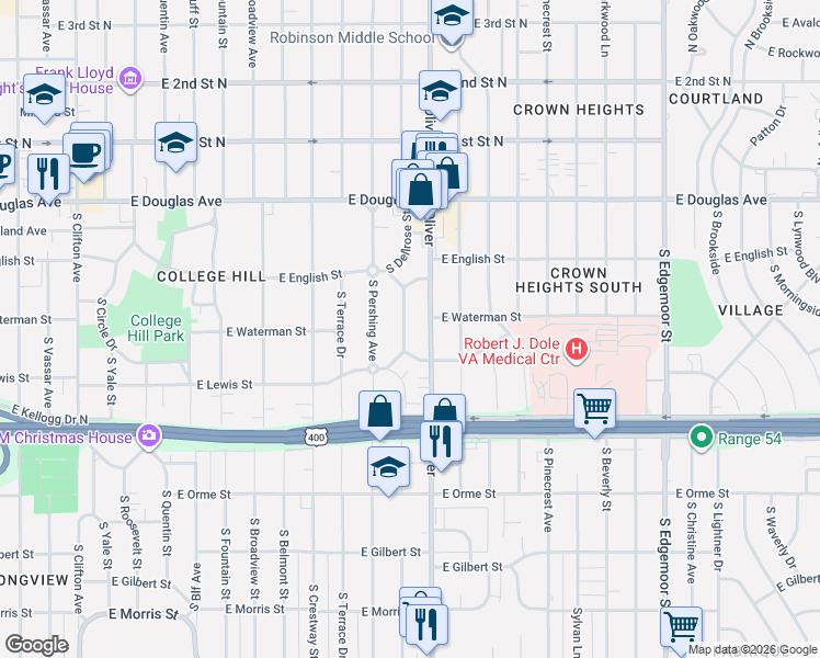 map of restaurants, bars, coffee shops, grocery stores, and more near 237 Oliver in Wichita